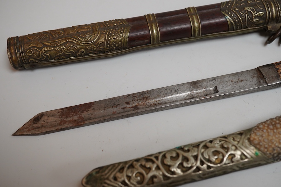 A Chinese travelling knife handle and chopstick holder, 27cm long (holder without chopsticks)